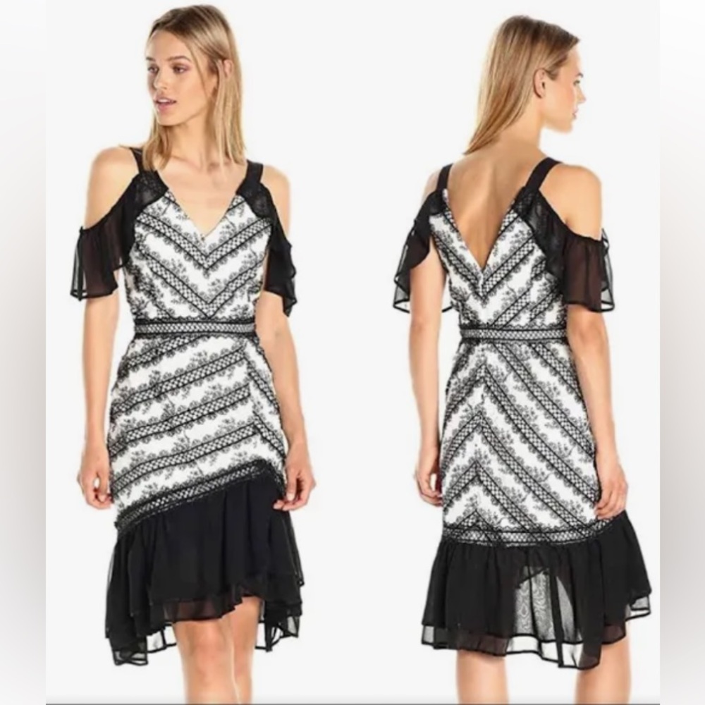 *Adelyn Rae New Nola White w/ Black Embroidered Floral Woven Frill XS Dress #MBG
